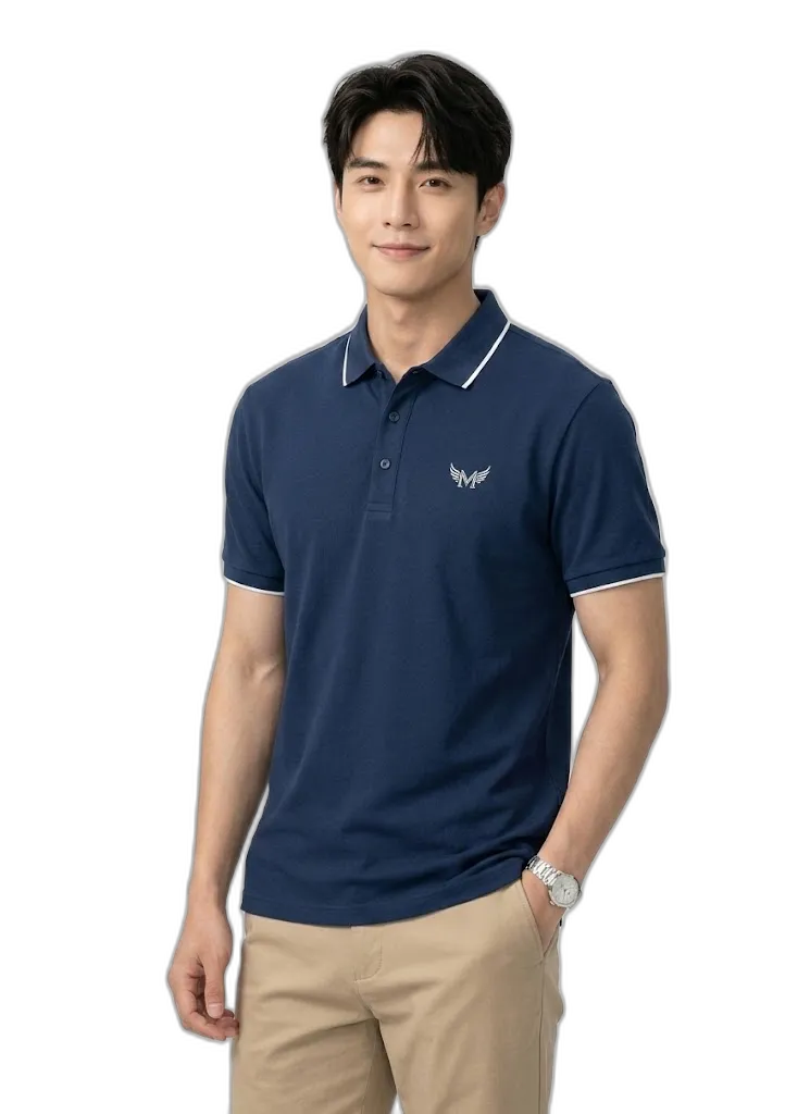 นายแบบใส่เสื้อโปโลน้ำเงินสกรีนและปักโลโก้ ธน พลัส 153